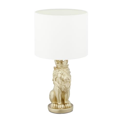 Relaxdays Tischlampe Löwe, Tischleuchte mit Stoffschirm, E27, prunkvolle Nachttischlampe, H x D: 47,5 x 25 cm, weiß/gold von Relaxdays