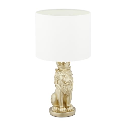 Relaxdays Tischlampe Löwe, Tischleuchte mit Stoffschirm, E27, prunkvolle Nachttischlampe, H x D: 47,5 x 25 cm, weiß/gold von Relaxdays