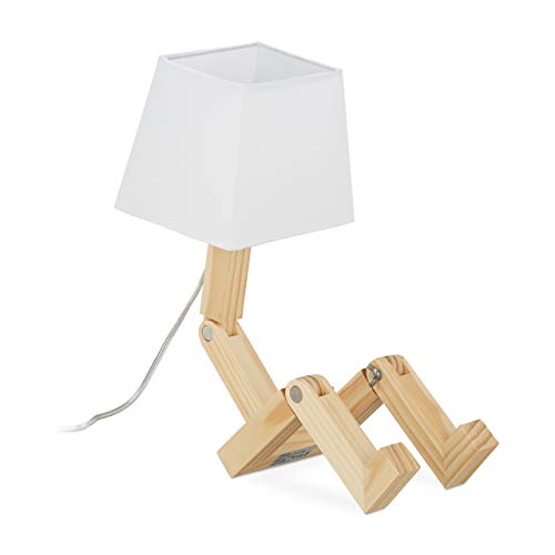 Relaxdays Tischlampe Roboter, verstellbar, Lampenschirm, originell, Schreibtischlampe HxBxT: 42x18x32 cm, Holz, natur von Relaxdays