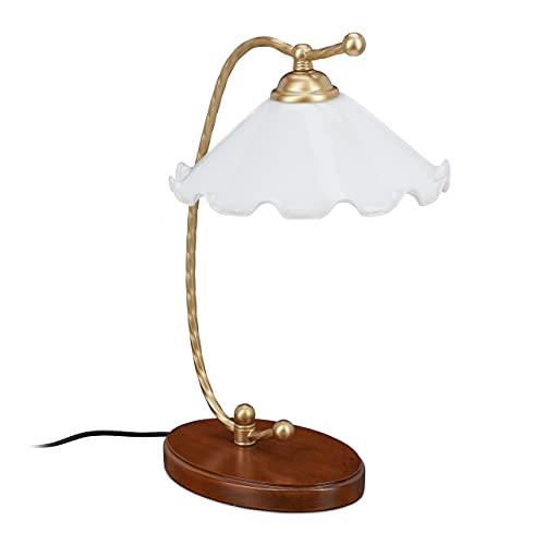 Relaxdays Tischlampe im Jugendstil Design, E27-Fassung, Holzfuß, Glasschirm, HBT: 43x30x25 cm, Nachttischlampe, weiß von Relaxdays