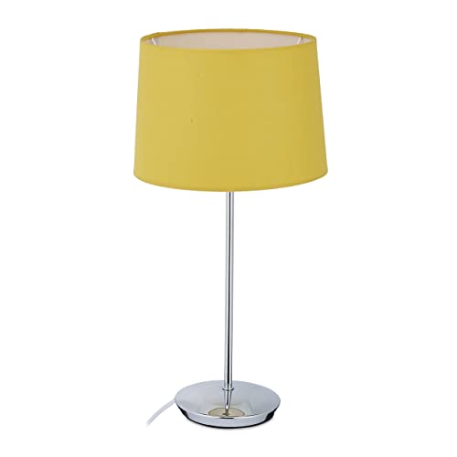 Relaxdays Tischlampe mit Stoffschirm, verchromter Fuß, E14 Fassung, Wohn- & Schlafzimmer, moderne Nachttischlampe, gelb von Relaxdays
