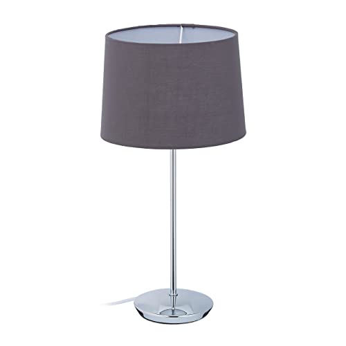 Relaxdays Tischlampe mit Stoffschirm, verchromter Fuß, E14 Fassung, Wohn- & Schlafzimmer, moderne Nachttischlampe, grau von Relaxdays