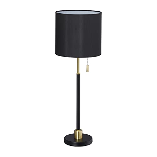 Relaxdays Tischlampe mit Zugschalter, elegante Nachttischlampe mit Stoffschirm, E27 Fassung, HD 69 x 24 cm, schwarz-gold von Relaxdays
