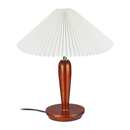 Relaxdays Tischleuchte Vintage, Schirm Tischlampe mit Holzfuß, HxD: 51 x 44 cm, Nachttischlampe, E27 Fassung, braun/weiß von Relaxdays