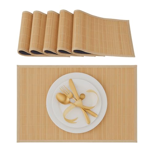 Relaxdays Tischset, 6er Set, Bambus, Stoffrand, rutschhemmend, 45 x 30 cm, Teller, Esstisch, eckiges Platzset, natur von Relaxdays