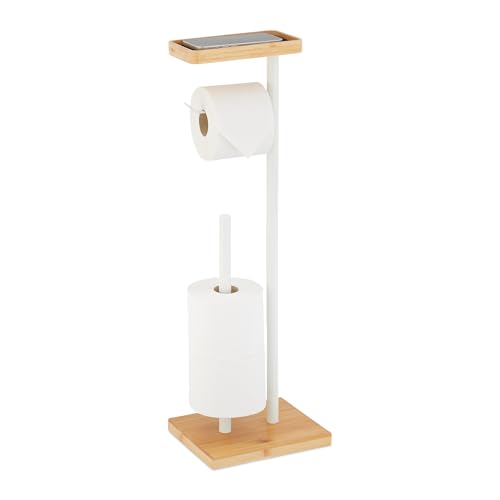 Relaxdays Toilettenpapierhalter, für 3 Ersatzrollen, Ablage, Bambus, Metall, 66,5x21x17 cm, WC-Rollenhalter, weiß/Natur von Relaxdays
