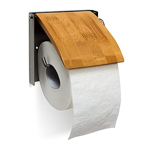 Relaxdays 10019179 Toilettenpapierhalter H x B x T: 13,5 x 14,5 x 13,5 cm WC-Rollenhalter für 1 Klopapierrolle zur Wandmontage aus Bambus und rostfreiem Edelstahl als Wandrollenhalter für das Badezimmer, natur von Relaxdays