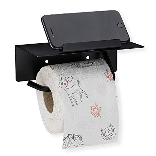 Relaxdays Toilettenpapierhalter mit Ablage & Handyhalter, Wandmontage mit & ohne Bohren, 430er Edelstahl, schwarz matt von Relaxdays