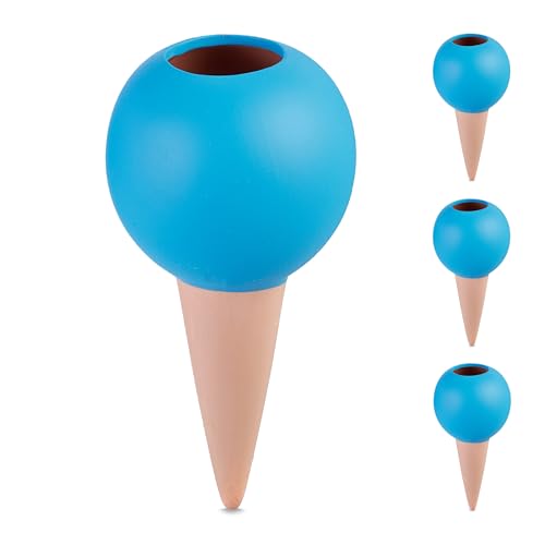 Relaxdays Tonkegel Bewässerung, 4er Set, für 1,5L Flaschen, Gießhilfe für Zimmerpflanzen, Kugel-Design, terrakotta/blau von Relaxdays