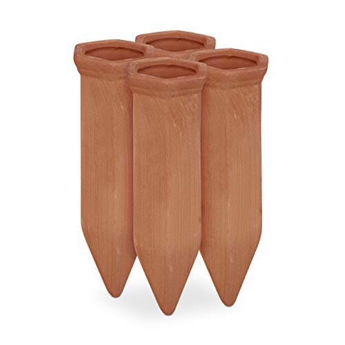 Relaxdays Tonspitzen Bewässerung, 4er Set, Keramik, Gießhilfe für 1,5 l Flaschen, Gießkegel HBT: 14x4,5x4 cm, Terracotta von Relaxdays