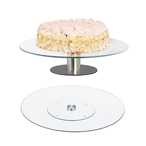 Relaxdays Tortenplatte, 2er Set mit & ohne Fuß, 360° drehbar, ∅ 30 cm, runde Kuchenplatte, Glas, transparent/Silber von Relaxdays