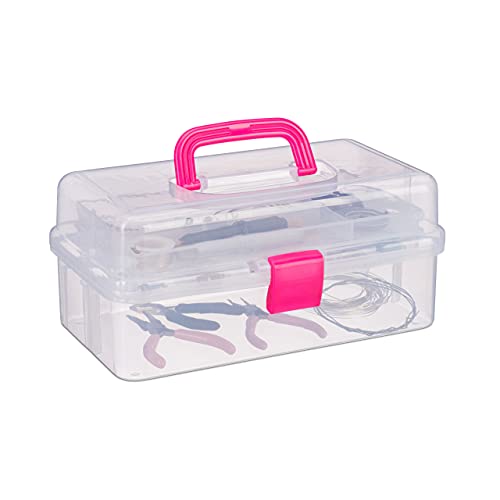 Relaxdays Transparente Plastikbox, 9 Fächer, Werkzeugbox, Nähkästchen, Werkzeugkoffer, Werkzeug, HBT 14x33x19 cm, pink von Relaxdays