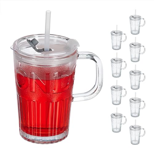 Relaxdays Trinkgläser 10er Set, Getränkebecher mit Deckel & Strohhalm, Eisteebecher 450 ml, Saftglas Henkel, transparent von Relaxdays