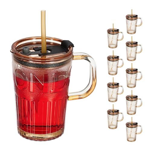 Relaxdays Trinkgläser 10er Set, Getränkebecher mit Deckel & Strohhalm, Smoothiebecher 450 ml, Saftglas Henkel, Hellbraun von Relaxdays