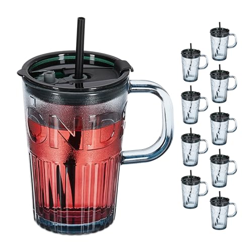 Relaxdays Trinkgläser 10er Set, Getränkebecher mit Deckel & Strohhalm, Smoothiebecher 450 ml, Saftglas Henkel, grau von Relaxdays