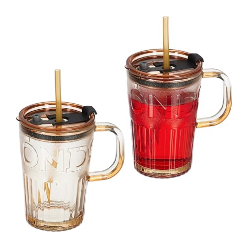 Relaxdays Trinkgläser 2er Set, Getränkebecher mit Deckel & Strohhalm, Limobecher 450 ml, Glasbecher Henkel, Hellbraun von Relaxdays