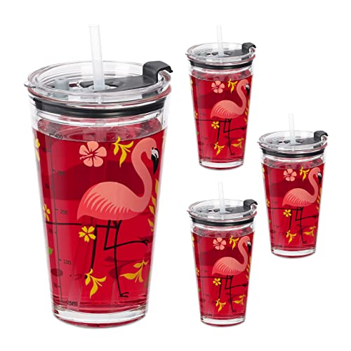 Relaxdays Trinkgläser 4er Set, Flamingo-Motiv, Deckel & Strohhalm, 450 ml, Glasbecher Kinder, Smoothieglas, transparent von Relaxdays