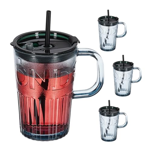 Relaxdays Trinkgläser 4er Set, Getränkebecher mit Deckel & Strohhalm, Limoglas, Saftglas 450 ml, Glasbecher Henkel, grau von Relaxdays