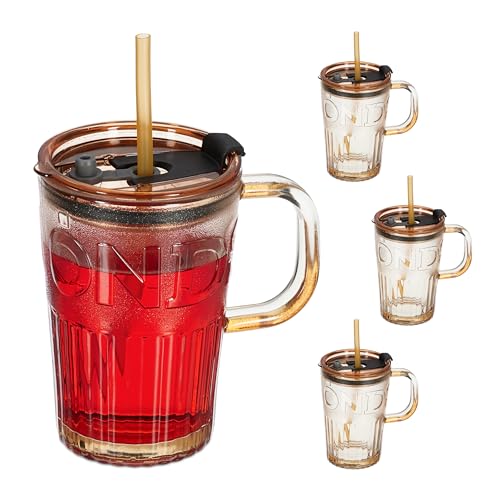 Relaxdays Trinkgläser 4er Set, Getränkebecher mit Deckel & Strohhalm, Saftglas 450 ml, Glastrinkbecher Henkel, Hellbraun von Relaxdays