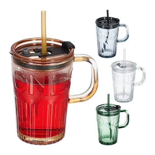 Relaxdays Trinkgläser 4er Set, Getränkebecher mit Deckel & Strohhalm, Smoothiebecher 450 ml, Glasbecher Henkel, bunt von Relaxdays