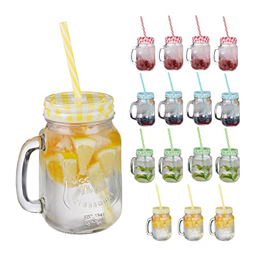 Relaxdays Trinkgläser mit Deckel und Strohhalm, 16er Set Limonadengläser, 500 ml, Retro Sommergläser mit Henkel, bunt von Relaxdays