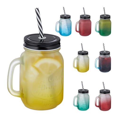 Relaxdays Trinkgläser mit Deckel und Strohhalm, 8er Set, 400 ml, Frosted-Optik, Sommergläser mit Henkel, bunt/schwarz Relaxdays Trinkgläser mit Deckel und Strohhalm, 8er Set, 400 ml, Frosted-Optik, Sommergläser mit Henkel, bunt/schwarz von Relaxdays