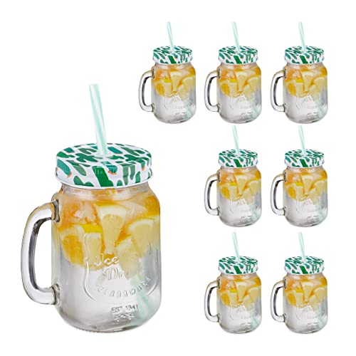 Relaxdays Trinkgläser mit Deckel und Strohhalm, 8er Set, Kaktus-Motiv, 500 ml, Sommer Limonadengläser mit Henkel, bunt, 19 x 11 x 8 cm, Transparent, Dunkelgrün, Weiß von Relaxdays