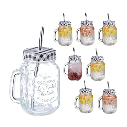 Relaxdays Trinkgläser mit Deckel und Strohhalm, 8er Set Limonadengläser, 500 ml, Retro Sommergläser mit Henkel, schwarz, 19 x 11 x 8 cm von Relaxdays