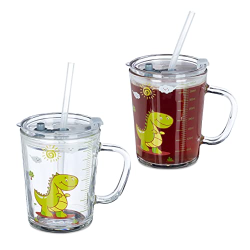 Relaxdays Trinkglas Kinder, 2er Set, Dino-Motiv, Kinderglas mit Henkel, Deckel & Strohhalm, 400 ml Skala, transparent von Relaxdays