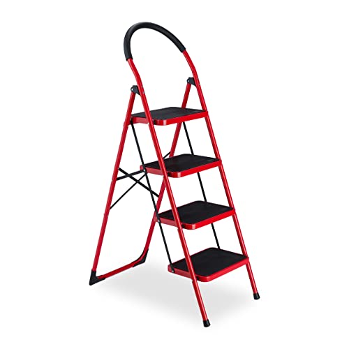 Relaxdays Trittleiter, klappbare Haushaltsleiter, 4 Stufen, bis 150 kg, Stufenleiter mit Haltegriff, Stahl, rot/schwarz von Relaxdays