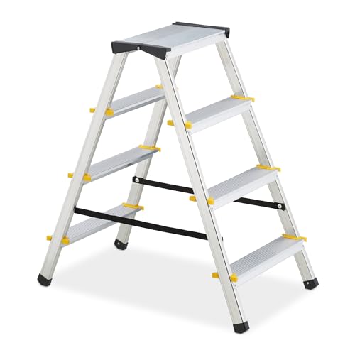 Relaxdays Trittleiter klappbar, 4 Stufen, Aluminium, 150 kg, beidseitig begehbar, H x B x T: 81,5 x 43,5 x 78 cm, Silber Relaxdays Trittleiter klappbar, 4 Stufen, Aluminium, 150 kg, beidseitig begehbar, H x B x T: 81,5 x 43,5 x 78 cm, Silber von Relaxdays