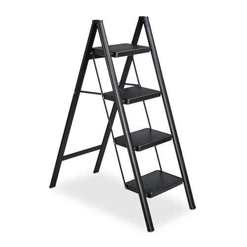 Relaxdays Trittleiter klappbar, 4 Stufen, leichte Treppenleiter Stahl, Leiter bis 120 kg, HxBxT 109 x 42 x 84cm, schwarz von Relaxdays
