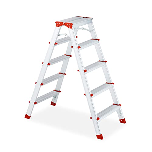 Relaxdays Trittleiter klappbar, 5 Stufen, Treppenleiter Aluminium, Leiter bis 120 kg, HBT: 99 x 45 x 77 cm, Silber/rot von Relaxdays