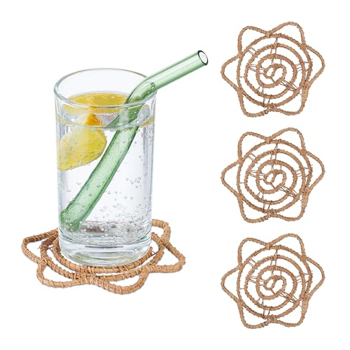 Relaxdays Untersetzer, 4er Set, Palmenblatt, für Gläser & Tassen, Boho Design, Getränkeuntersetzer, BxT: 10x10 cm, Natur von Relaxdays