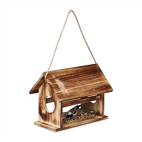 Relaxdays Vogelfutterhaus Holz, zum Aufhängen, Futterspender Wildvögel, Vogelfutterstation, HxBxT 24 x 30 x 21 cm, braun von Relaxdays
