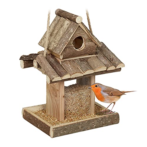 Relaxdays Vogelfutterhaus Holz, zum Aufhängen, Garten, Vogelfutterspender Kleinvögel, HxBxT 25 x 17,5 x 16 cm, Natur von Relaxdays