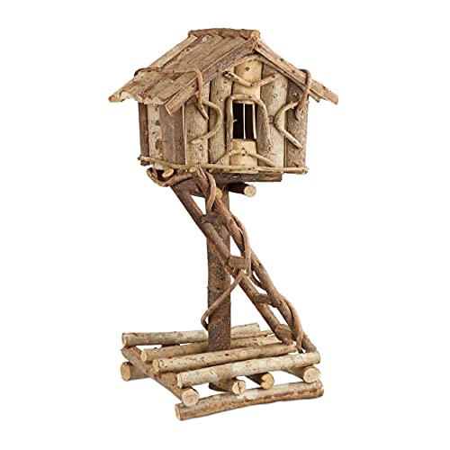 Relaxdays Vogelhaus stehend, unbehandeltes Deko Vogelhäuschen auf Ständer, handgemachtes Holzhaus mit Leiter, natur, 17 x 21 x 42 cm von Relaxdays