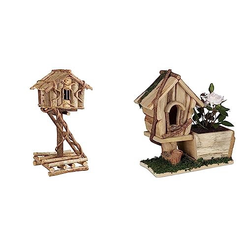 Relaxdays Vogelhaus stehend & Holz Pflanzgefäß, mit Deko Vogelhaus, Rinde & Moos, eckiger Übertopf, Fensterbank, innen & außen, Natur/grün, 10037652, 1 Stück von Relaxdays