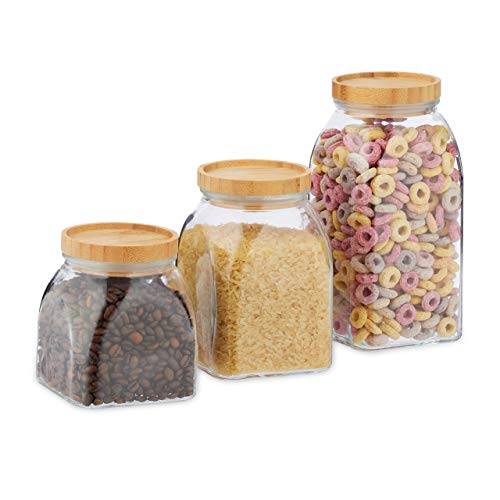 Relaxdays Vorratsgläser, 3er Set, Größen 600, 1000, 1400 ml, für Müsli, Pasta, Linsen, Bambusdeckel, transparent/natur 10030940 von Relaxdays