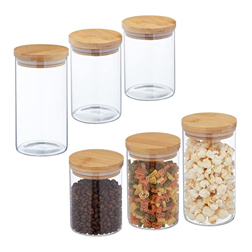 Relaxdays Vorratsgläser mit Bambusdeckel, 6er Set, Vorratsdosen Glas, 650 ml, 800 ml & 1 l, luftdicht, transparent/natur, 18 x 10 cm von Relaxdays