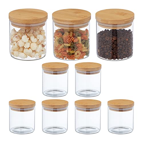 Relaxdays Vorratsgläser mit Bambusdeckel, 9er Set, kleine Vorratsdosen aus Glas, 500 ml, luftdicht, transparent/natur, 10,5 x 10 cm von Relaxdays