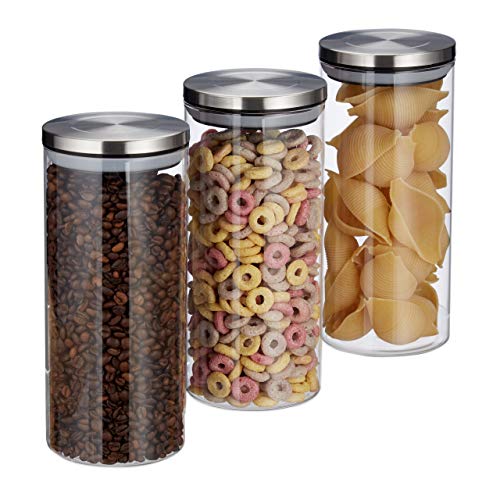 Relaxdays Vorratsglas 3er Set, 1,3 L, luftdicht, Edelstahl Deckel, für Pasta, Müsli & Reis, Küchenbehälter, transparent von Relaxdays