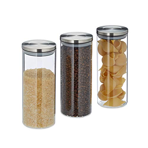 Relaxdays Vorratsglas 3er Set, luftdicht, Edelstahl Deckel, für Pasta, Müsli & Reis, 1,5 l Küchenbehälter, Silbertransparent, 24 x 9.5 x 9.5 cm von Relaxdays