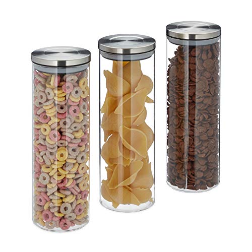 Relaxdays Vorratsglas 3er Set, luftdicht, Edelstahl Deckel, für Pasta, Müsli & Reis, 1,8 l Küchenbehälter, transparent von Relaxdays