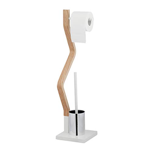 Relaxdays WC Garnitur stehend, Holz und Stahl, Toilettenpapierhalter mit Bürste, HBT 75 x 18,5 x 18,5 cm, weiß/natur von Relaxdays
