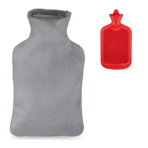 Relaxdays Wärmflasche mit Bezug, Flauschige Kuschelwärmeflasche, 1,5l Bettflasche, geruchsneutraler Naturgummi, grau/rot, 1 Stück von Relaxdays