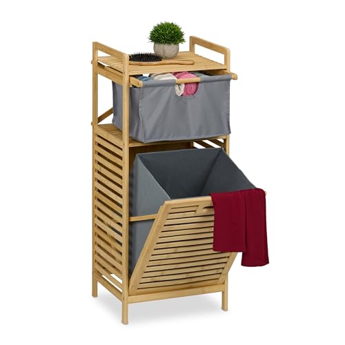 Relaxdays Wäschekorb, kippbarer Wäschesammler, 30 Liter, Ablage & Schublade, Bambus, Stoff, HBT: 95x40x33 cm, Natur/grau von Relaxdays
