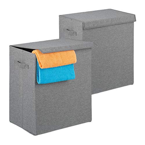 Relaxdays Wäschekorb 2er Set, Faltbare Wäschesammler mit Deckel, tragbar, Wäschetruhe 61 L, 50,5 x 45 x 30,5 cm, grau von Relaxdays