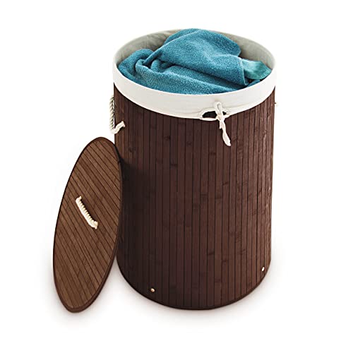 Relaxdays Wäschekorb Bambus, faltbare Wäschetonne mit Deckel, Volumen 70 l, Wäschesack Baumwolle, rund Ø 41 cm, braun von Relaxdays