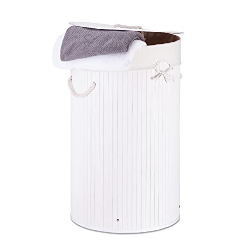 Relaxdays Wäschekorb Bambus, faltbare Wäschetonne mit Deckel, Volumen 70 l, Wäschesack Baumwolle, rund Ø 41 cm, weiß von Relaxdays